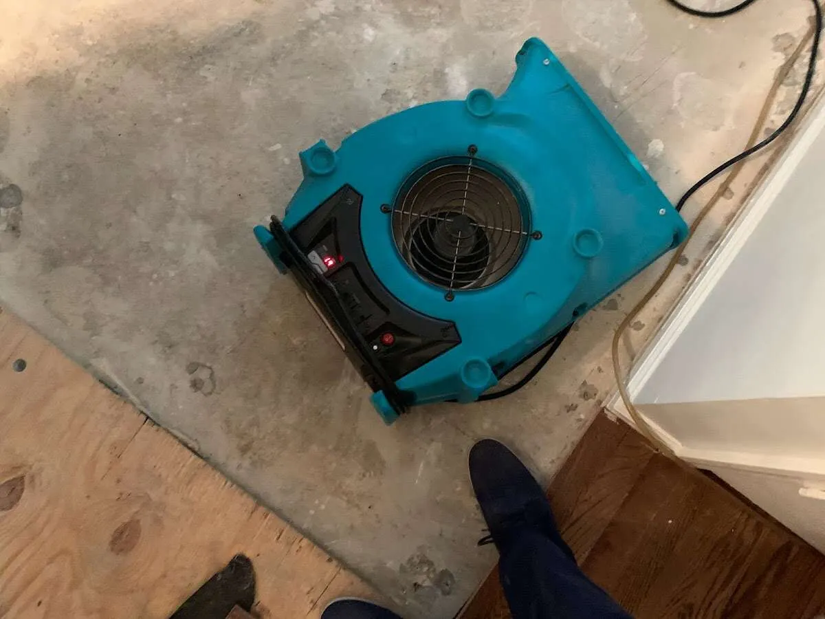 Air mover drying subfloor during Commercial Water Damage Restoration in Gold Canyon